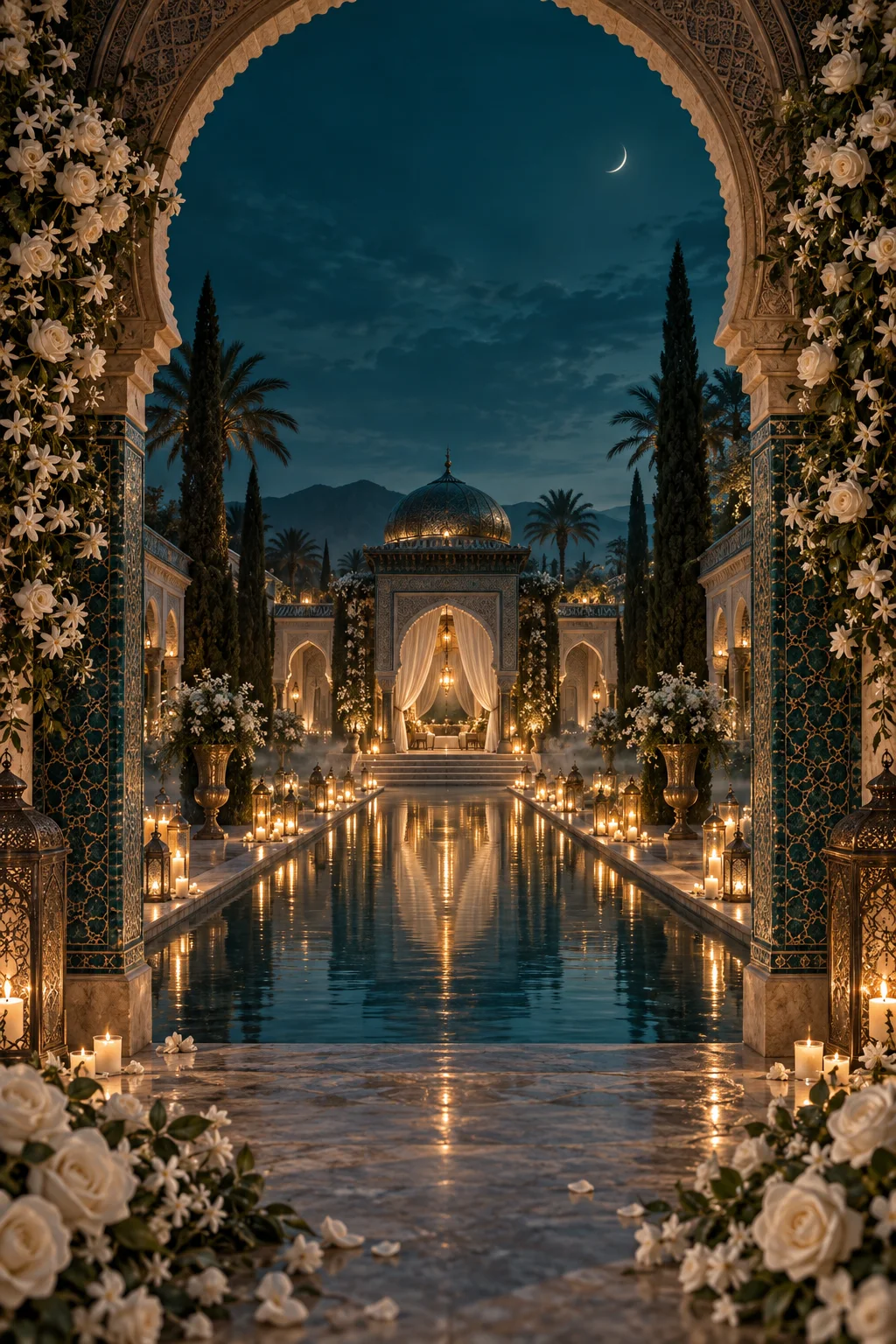 Palais au clair de lune, arche de roses blanches et bassin illuminé